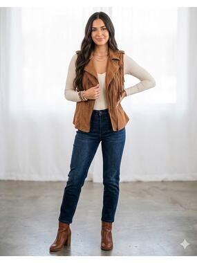 Fornia Faux Suede Fringe Vest Medium Tan Western Boho Moto Zip NWOT Layering